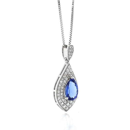 Natural Mined Tanzanite and Diamond Halo Art Deco Cocktail Pendant White Gold