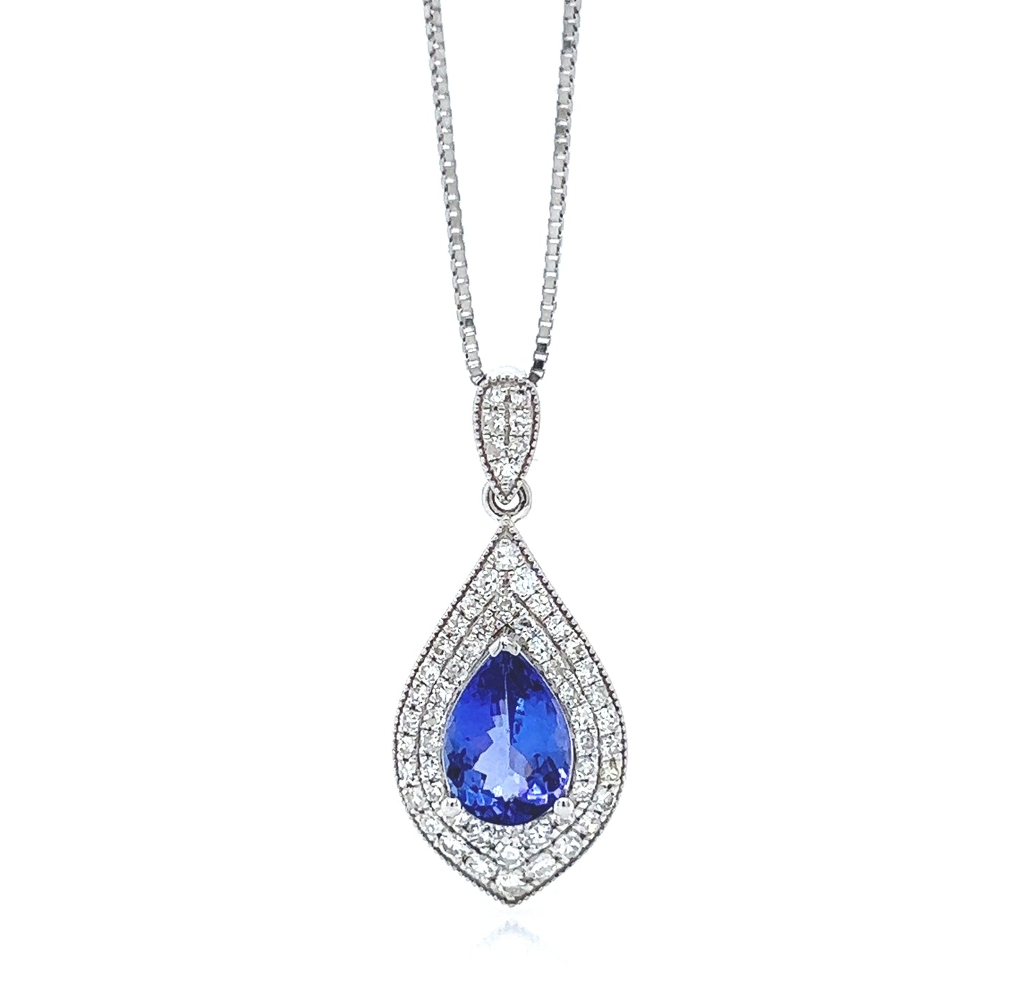 Natural Mined Tanzanite and Diamond Halo Art Deco Cocktail Pendant White Gold
