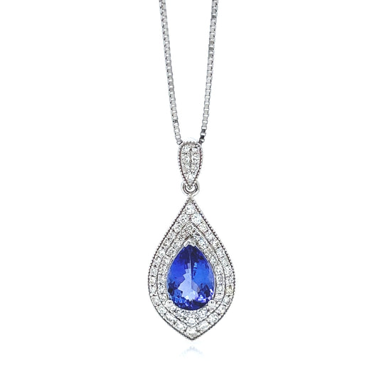 Natural Mined Tanzanite and Diamond Halo Art Deco Cocktail Pendant White Gold