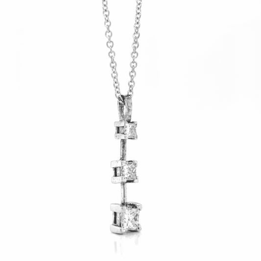 Natural Mined Princess Cut Diamond Three Stone Pendant Necklace White Gold