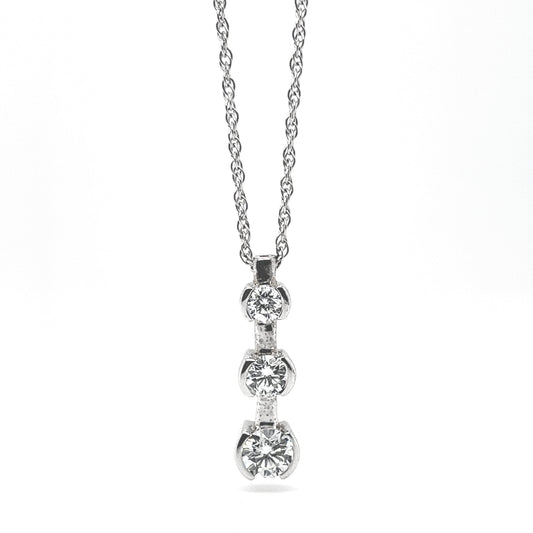 Natural Mined Round Diamond Three Stone Pendant Half Bezel Necklace White Gold