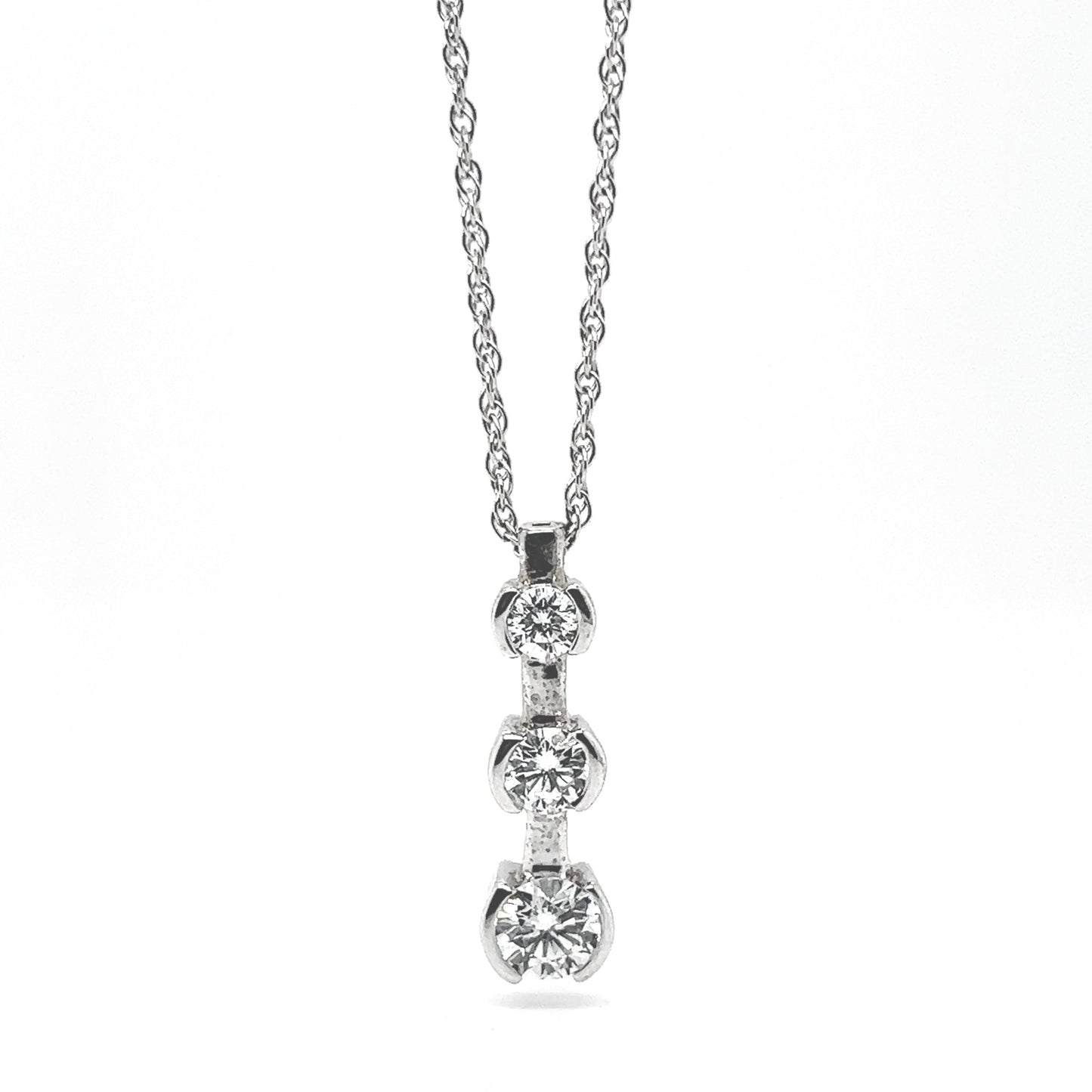 Natural Mined Round Diamond Three Stone Pendant Half Bezel Necklace White Gold