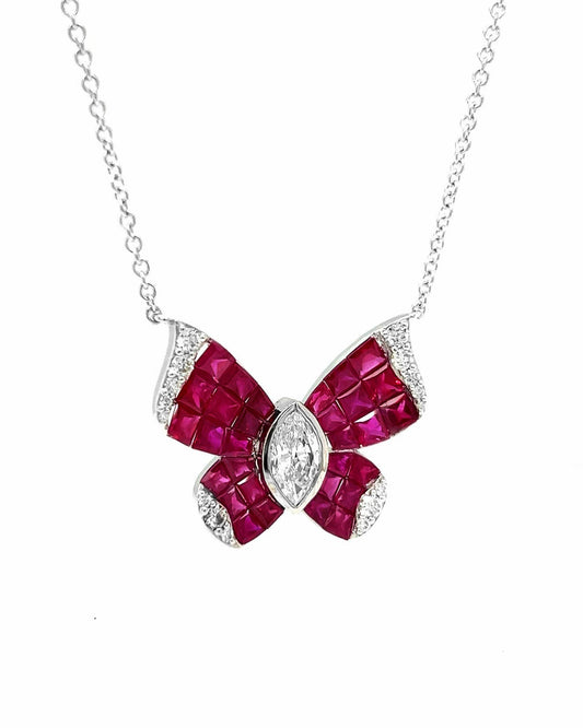 Natural Mined Marquise Cut Diamonds and Rubies Butterfly Pendant White Gold GIA Certified