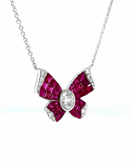 Natural Mined Diamond and Ruby Butterfly Pendant White Gold