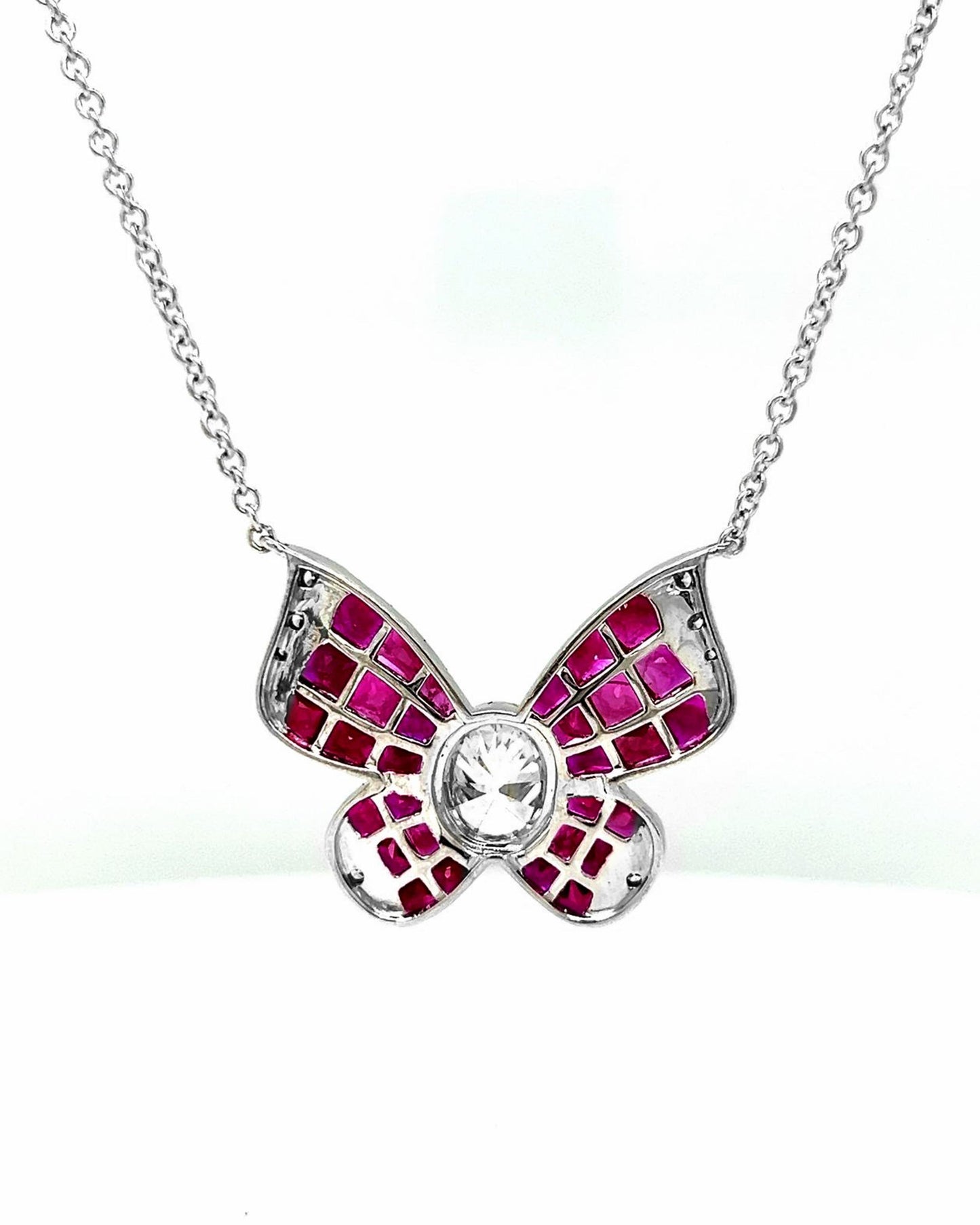 Natural Mined Diamond and Ruby Butterfly Pendant White Gold