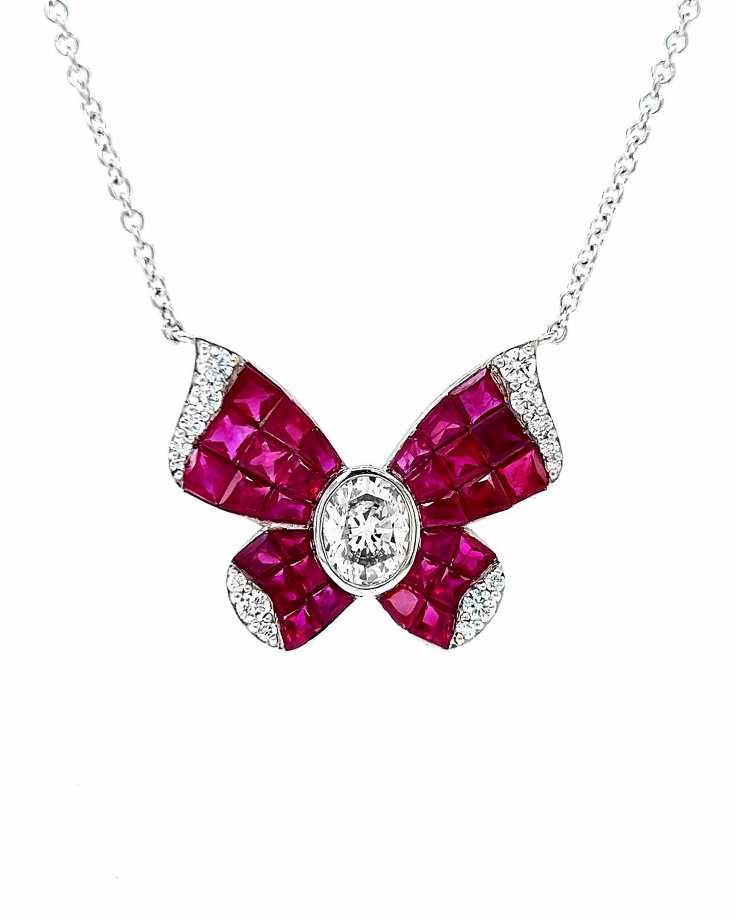 Natural Mined Diamond and Ruby Butterfly Pendant White Gold