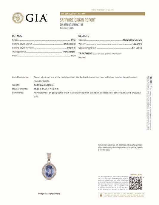 Natural Blue Cylon Sapphire and Diamond Halo Pendant Necklace Platinum