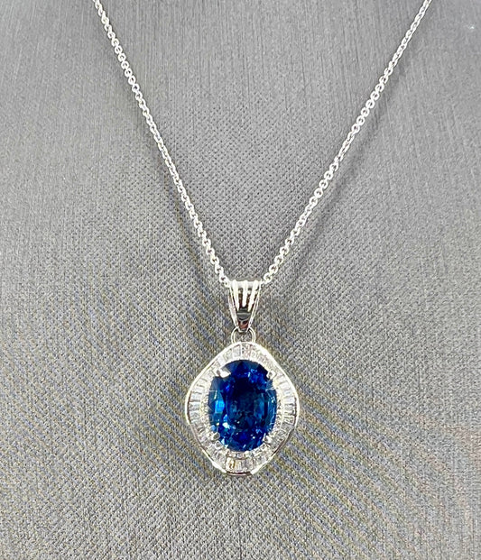 Natural Blue Cylon Sapphire and Diamond Halo Pendant Necklace Platinum