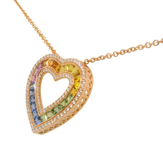 Muti-Colored Natural Sapphires and Diamonds Heart Shape Cocktail Pendant, in Rose Gold