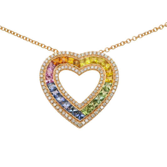 Muti-Colored Natural Sapphires and Diamonds Heart Shape Cocktail Pendant, in Rose Gold