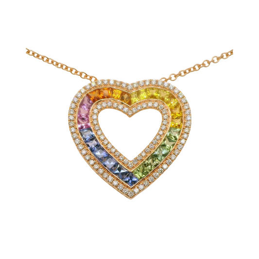 Muti-Colored Natural Sapphires and Diamonds Heart Shape Cocktail Pendant, in Rose Gold