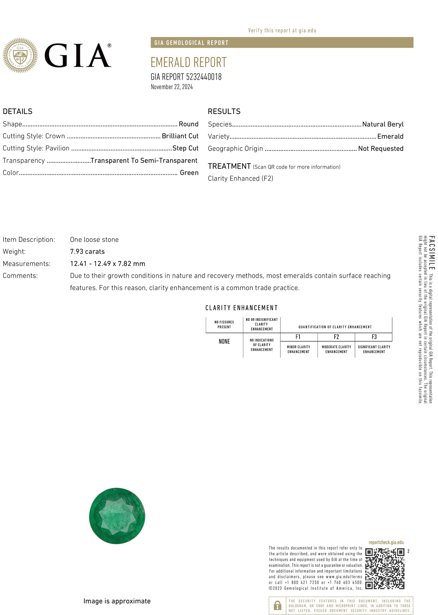 7.93 Carat Round Cut F2 Zambian Emerald GIA 5232440018