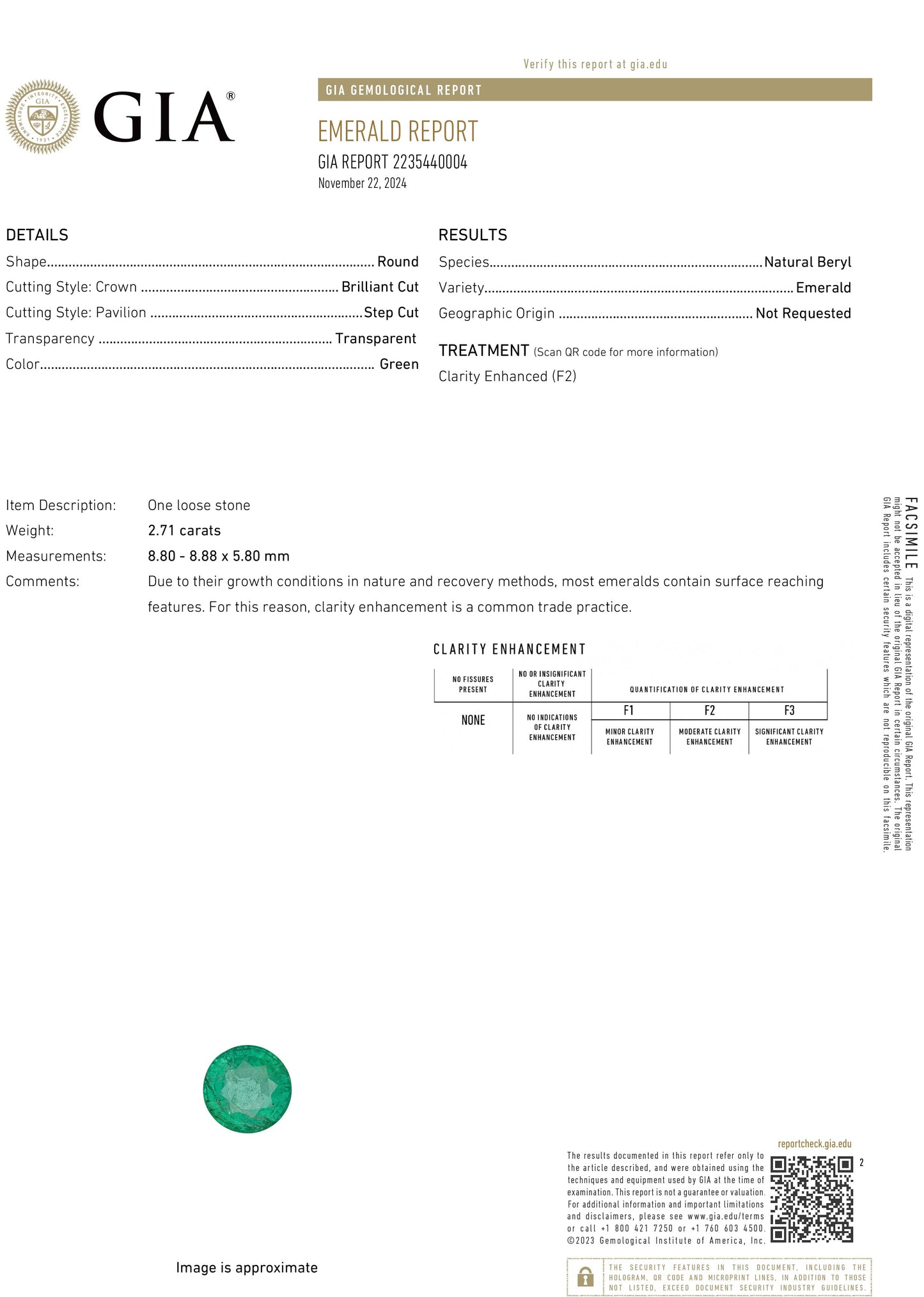 2.71Carat Round Cut F2 Zambian Emerald GIA 2235440004