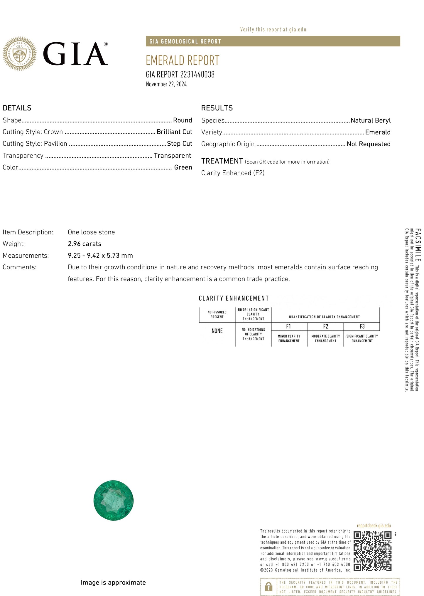 2.96 Carat Round Cut F2 Zambian Emerald GIA 2231440038