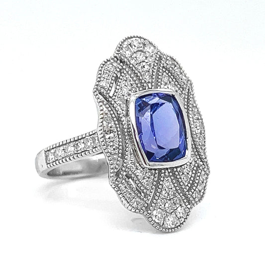 Natural Mined Tanzanite and Diamond Cocktail Ring White Gold