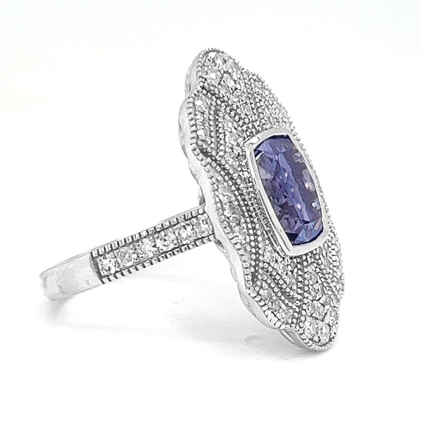 Natural Mined Tanzanite and Diamond Cocktail Art Deco Ring White Gold