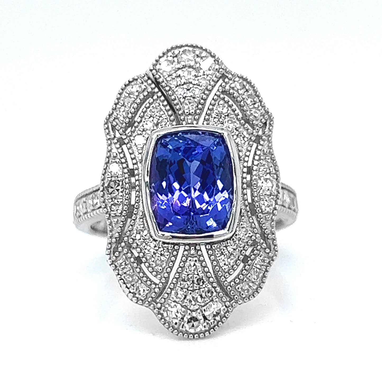 Natural Tanzanite and Diamond Cocktail Art Deco Ring, in White Gold