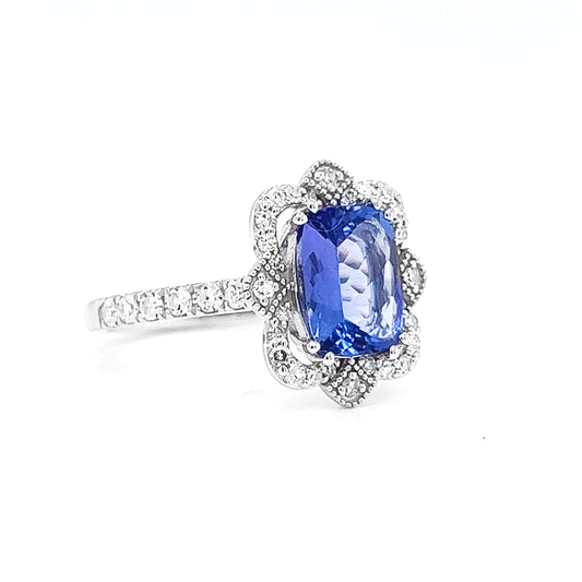 Natural Mined Tanzanite and Diamond Art Deco Cocktail Ring White Gold