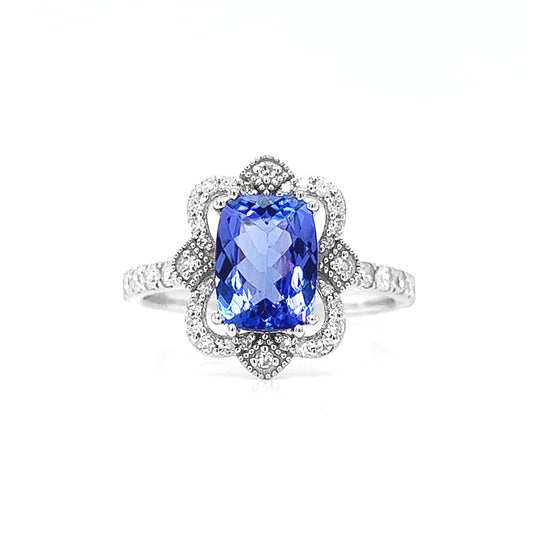 Natural Mined Tanzanite and Diamond Art Deco Cocktail Ring White Gold