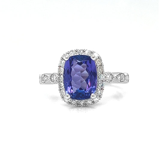 Natural Tanzanite Diamond Halo Cocktail Art Deco Ring, in White Gold