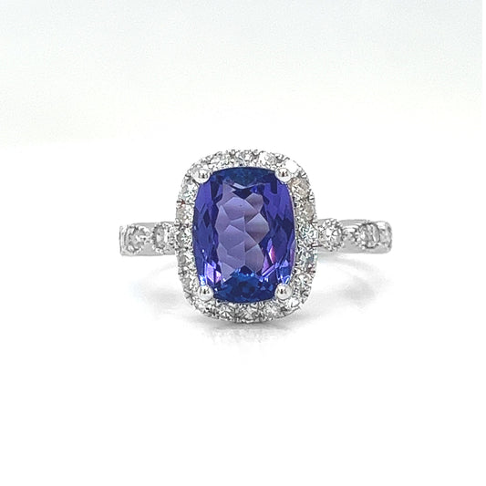 Natural Tanzanite and Diamond Halo Art Deco Cocktail Ring, in White Gold