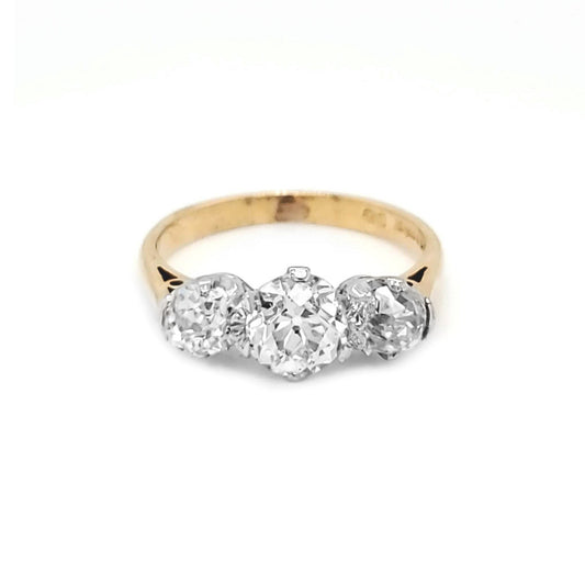 Vintage 3 Stone Ring with Natural European Cut Diamond Art Deco, in Yellow Gold  -Pre-owned