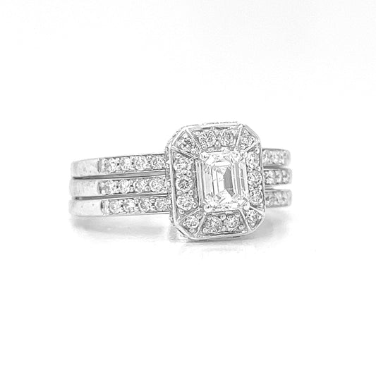 Natural Emerald Cut Diamond Halo Wedding Ring, in White Gold - Pre-owned