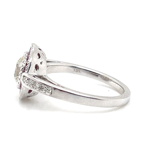 Natural Mined Diamond and Ruby Halo Cocktail Art Deco Ring White Gold