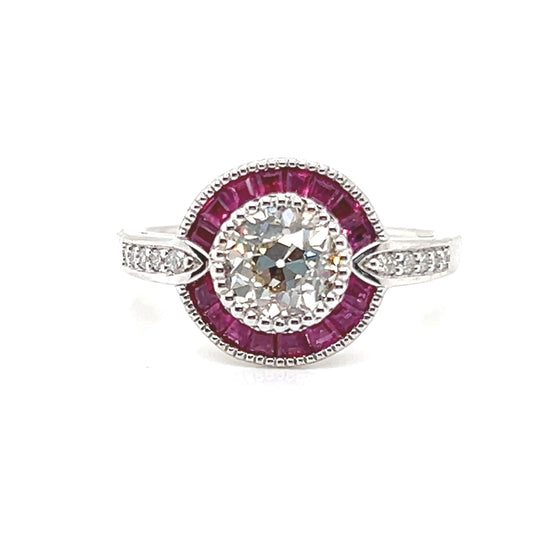 Natural Mined Diamond and Ruby Halo Cocktail Art Deco Ring White Gold