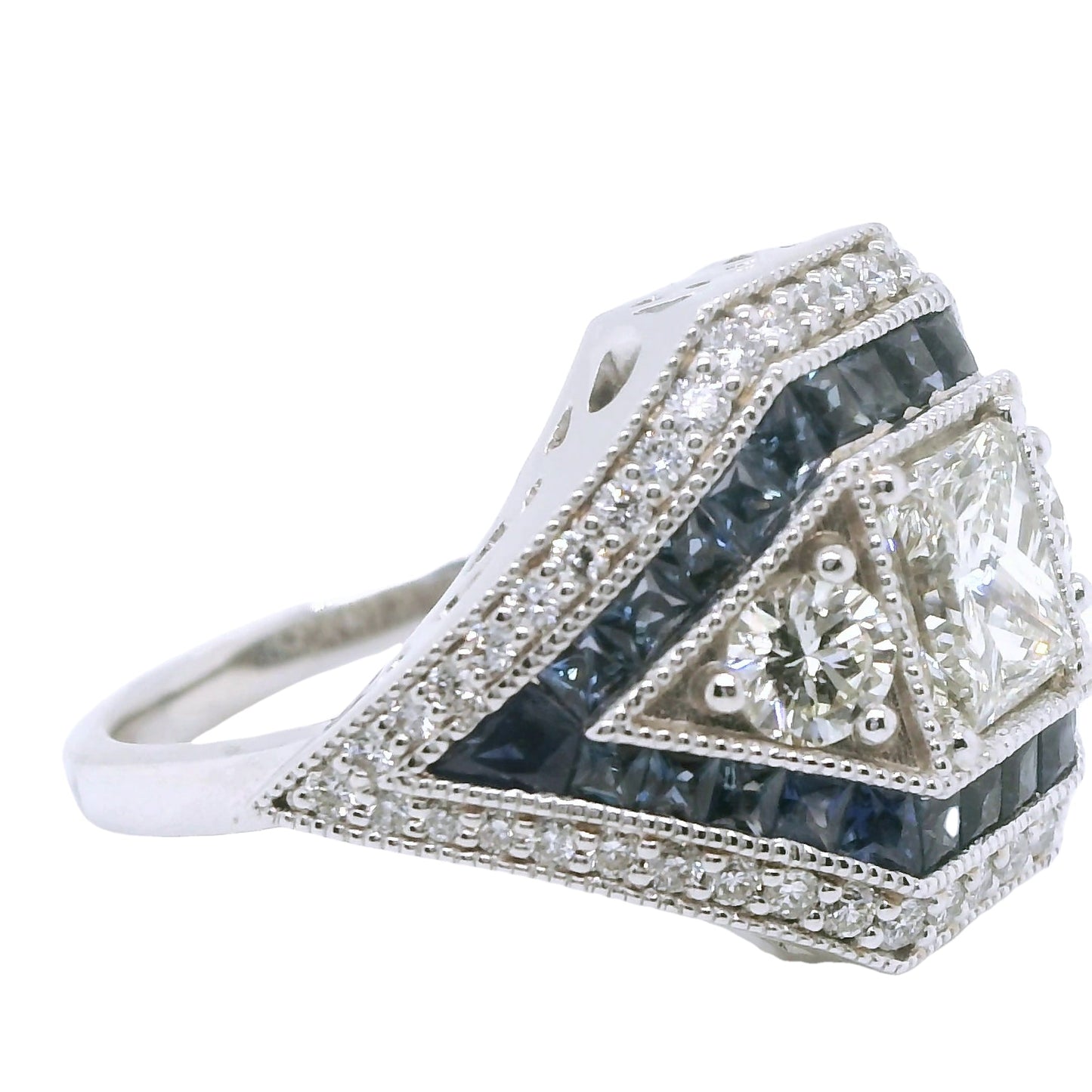 Natural Diamond and Sapphire Art Deco Bridal Cocktail Ring, in White Gold