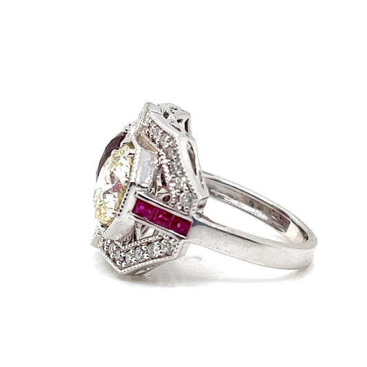 Natural Mined Diamond and Ruby Art Deco Cocktail Ring White Gold GIA Certified