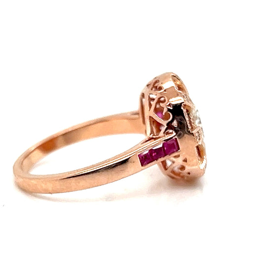 Natural Mined Diamond and Ruby Halo Art Deco Cocktail Ring Rose Gold GIA