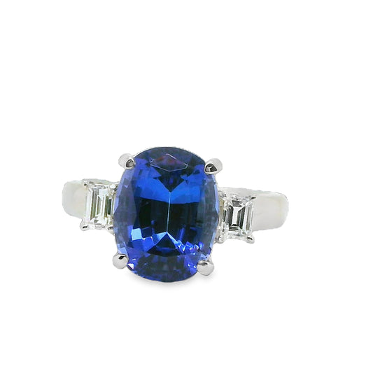Natural Tanzanite and Diamond 3 Stone Platinum Ring - Pre-owned