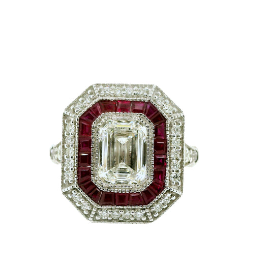 Natural Emerald Cut Diamond and Ruby Cocktail Ring, in White Gold