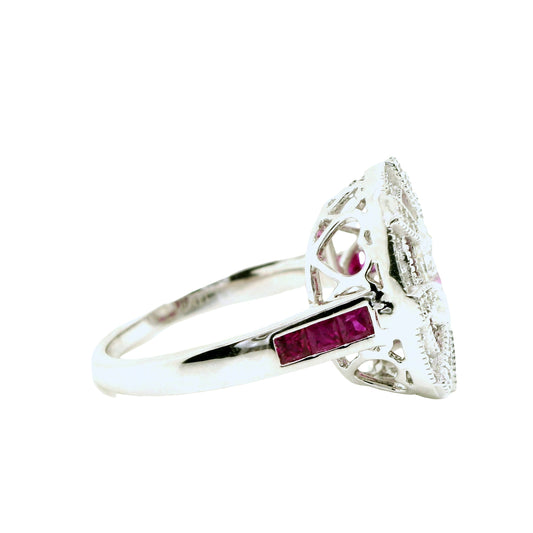 Natural Cushion Cut Diamond and Rubies Bridal Cocktail Ring, in White Gold