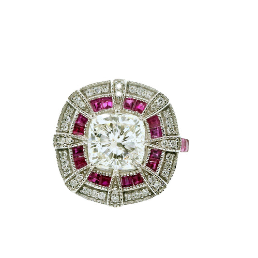 Natural Cushion Cut Diamond and Rubies Bridal Cocktail Ring, in White Gold
