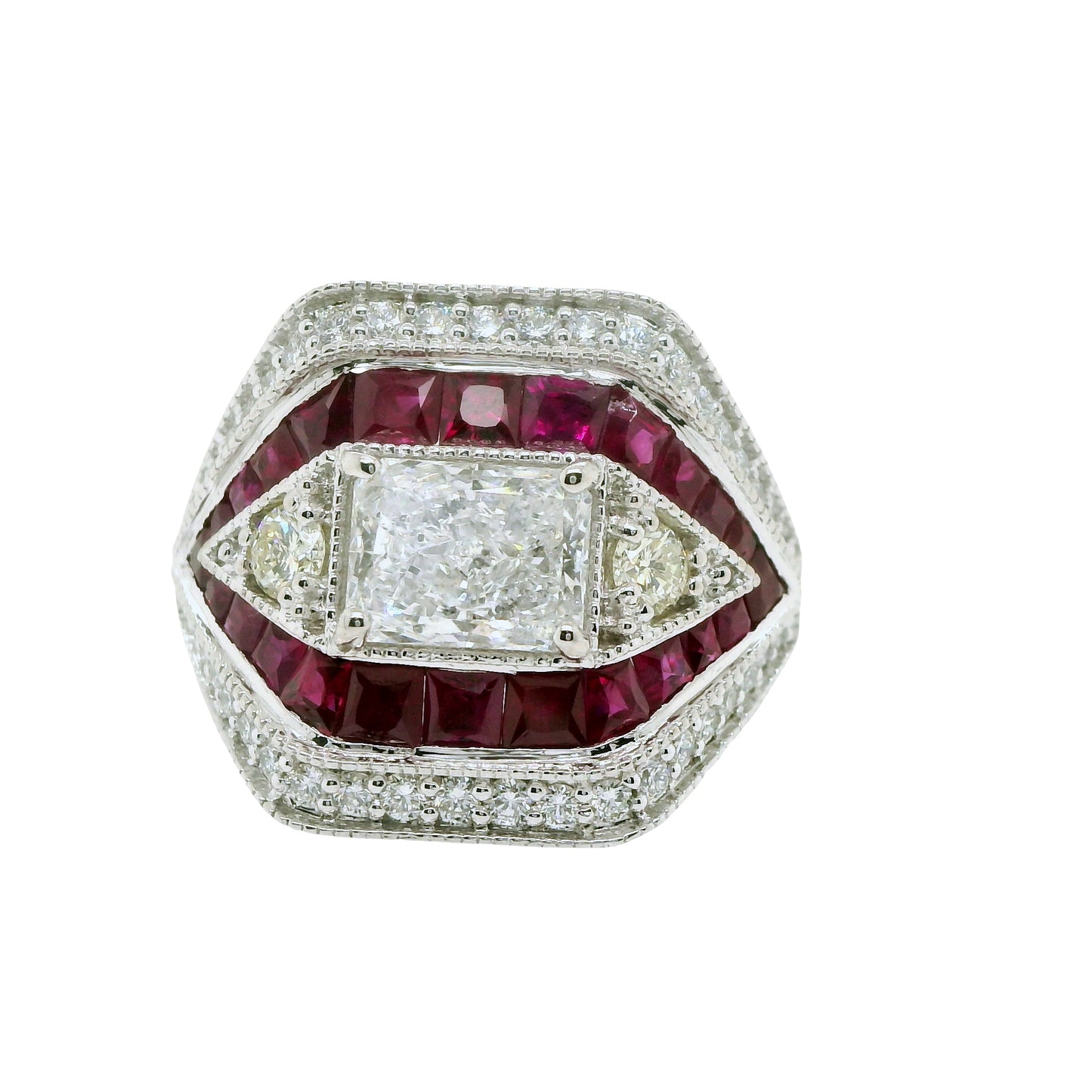 Natural Radiant Cut Diamond and Rubies Cocktail Ring, in White Gold