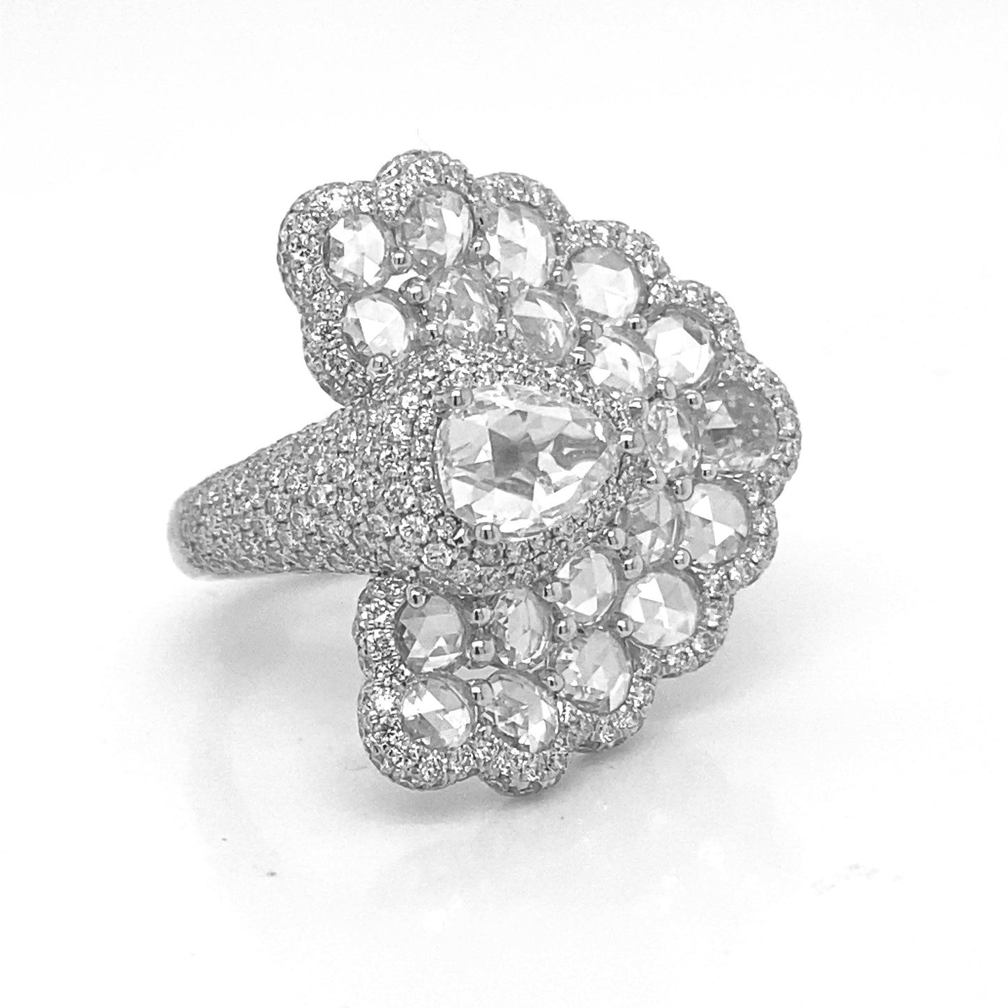 Natural Rose Cut Diamond Peacock Cocktail Ring White Gold