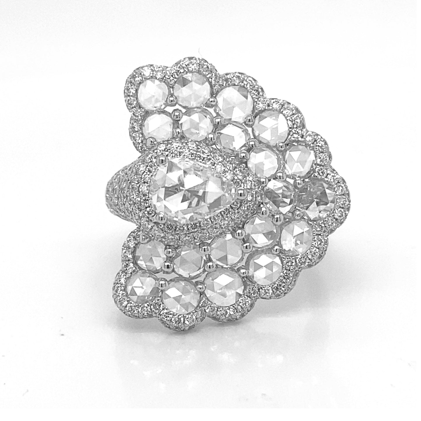 Natural Rose Cut Diamond Peacock Cocktail Ring White Gold
