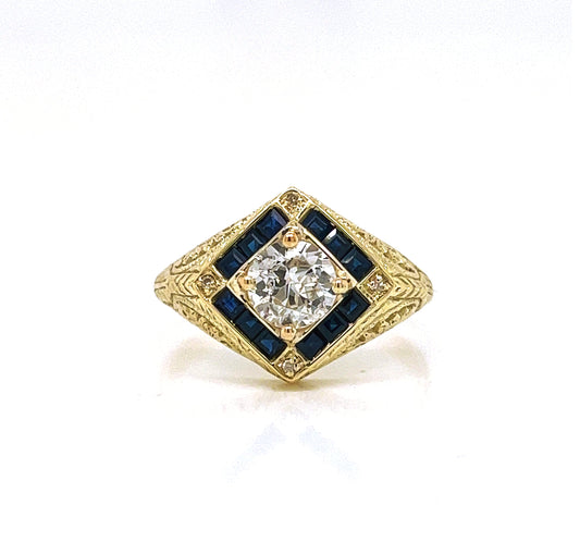 Natural Old European Cut Diamond and Sapphire Halo Cocktail Ring, in Yellow Gold