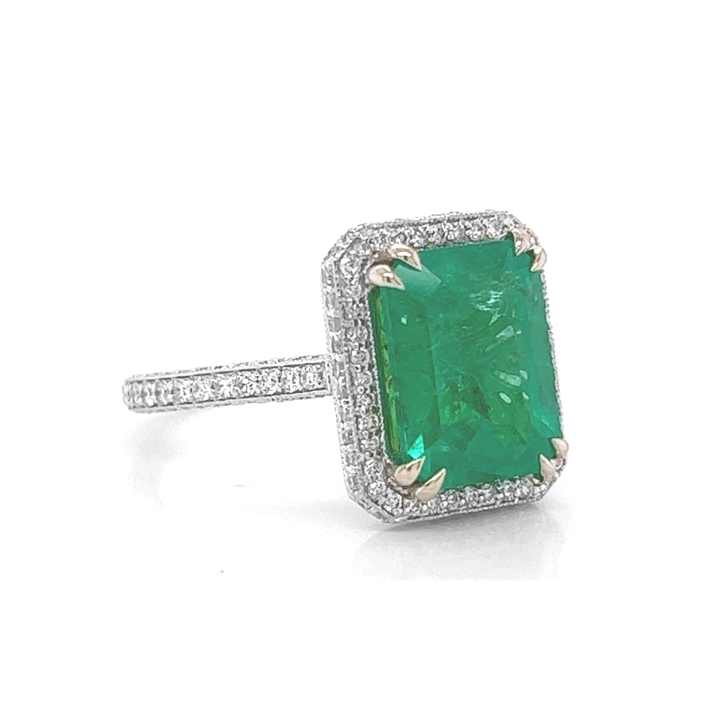 5 Carat Natural Mined Green Emerald with Natural Mined 1.10 Carat Round Diamonds 18KT White Gold Ring