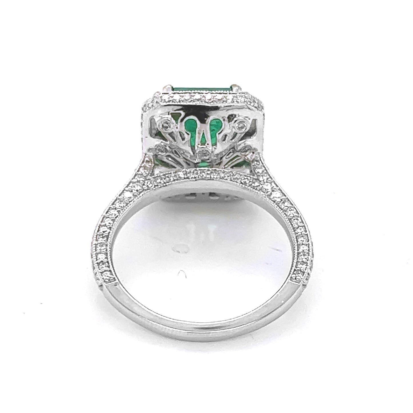 5 Carat Natural Mined Green Emerald with Natural Mined 1.10 Carat Round Diamonds 18KT White Gold Ring