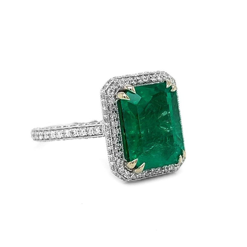 Natural Mined Emerald and Round Diamond Bridal Ring White Gold