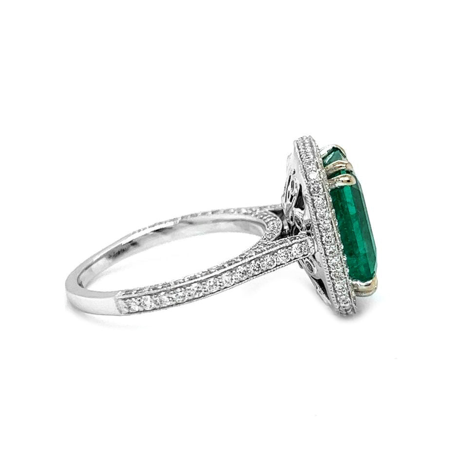Natural Mined Emerald and Round Diamond Bridal Ring White Gold