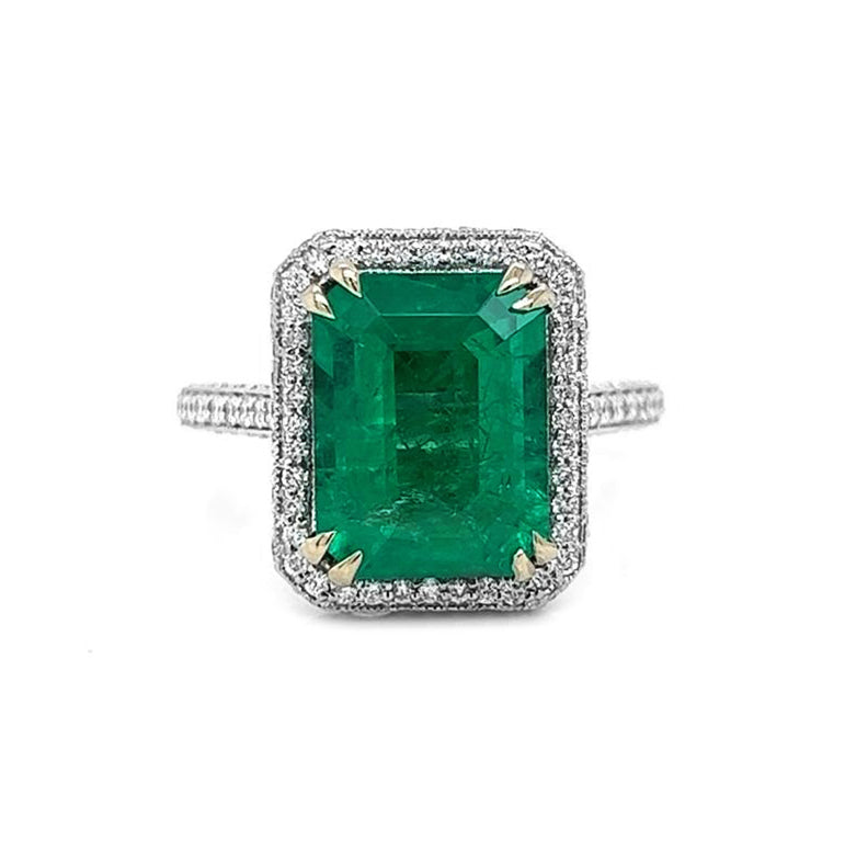 Natural Mined Emerald and Round Diamond Bridal Ring White Gold