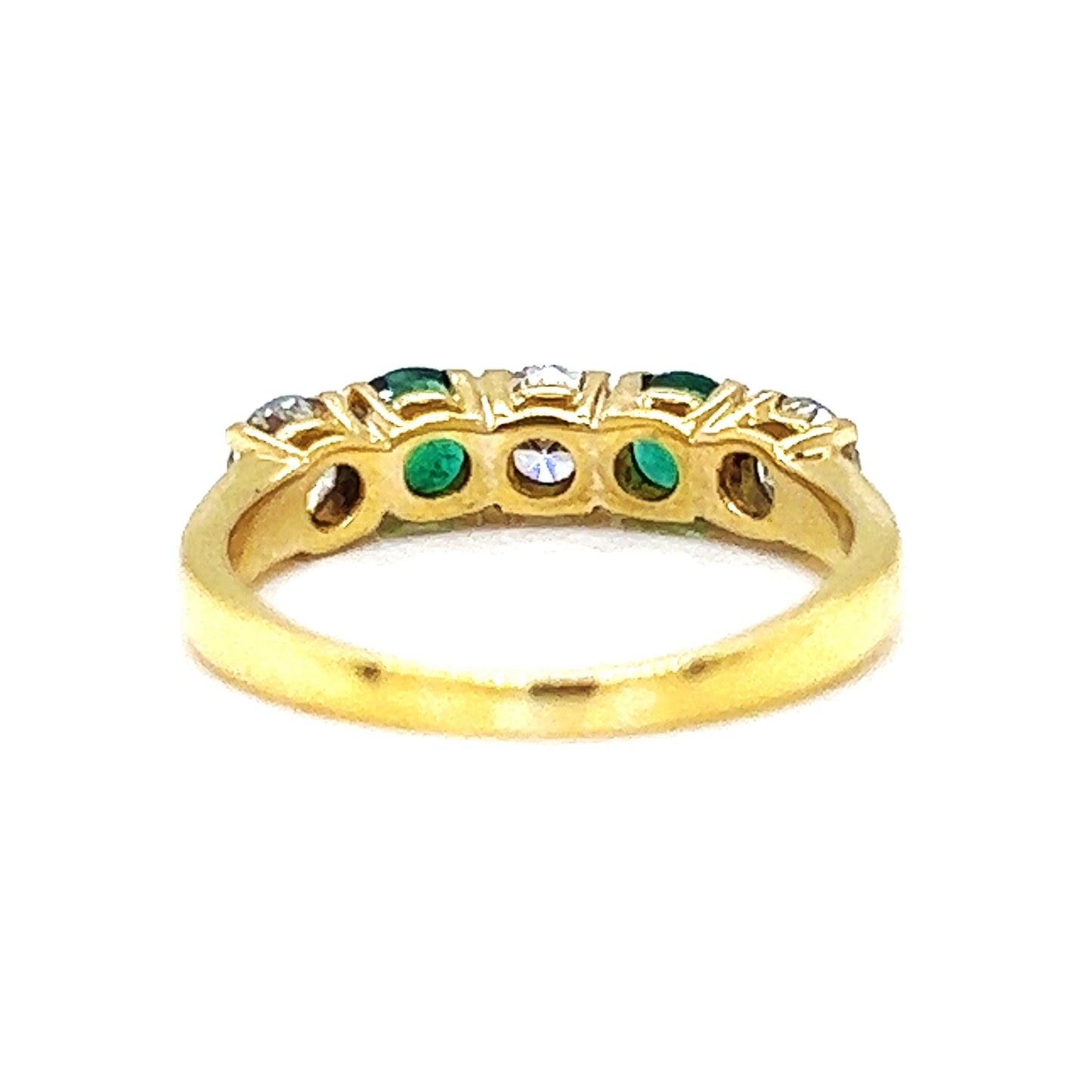 Natural Round Cut Emerald and Natural Mined Round Cut Diamond Five Stone Yellow Gold Ring