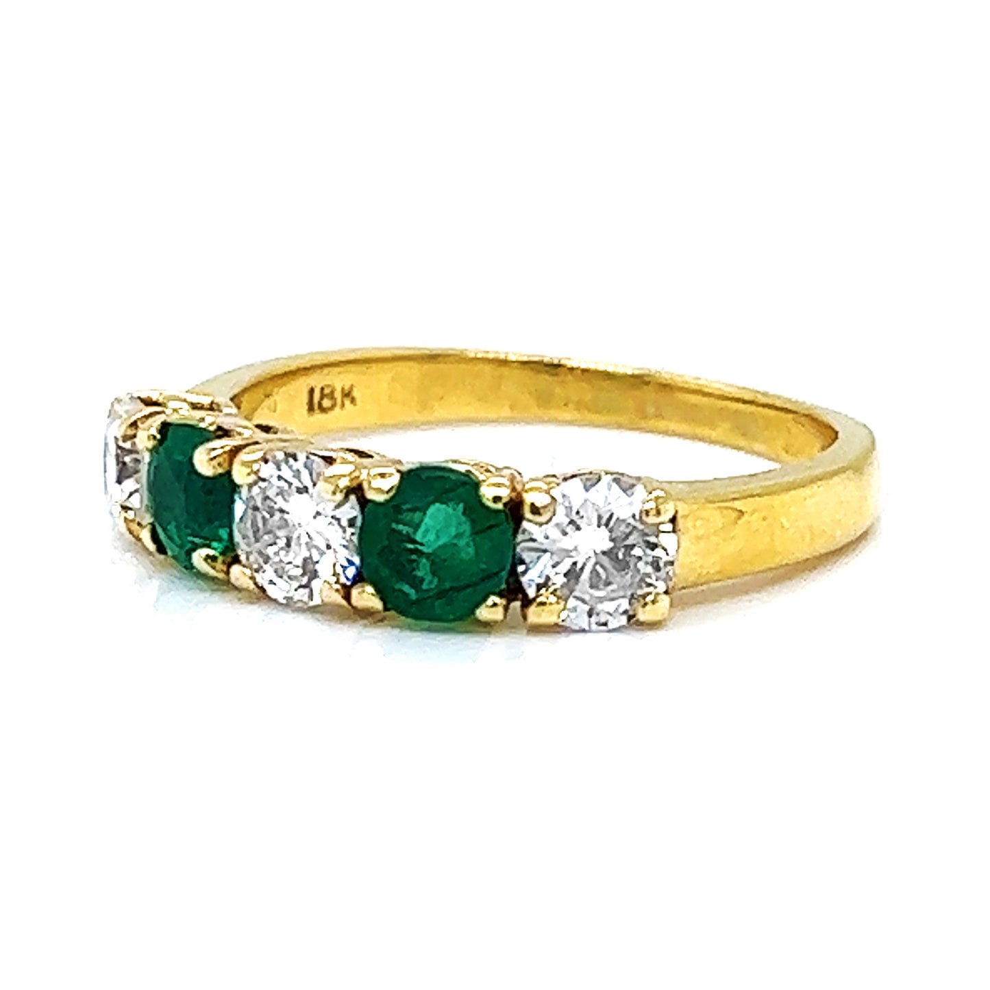 Natural Round Cut Emerald and Natural Mined Round Cut Diamond Five Stone Yellow Gold Ring