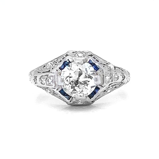 Natural Old Euro Diamond Art Deco Bridal Solitaire Ring, in Platinum - Pre-owned