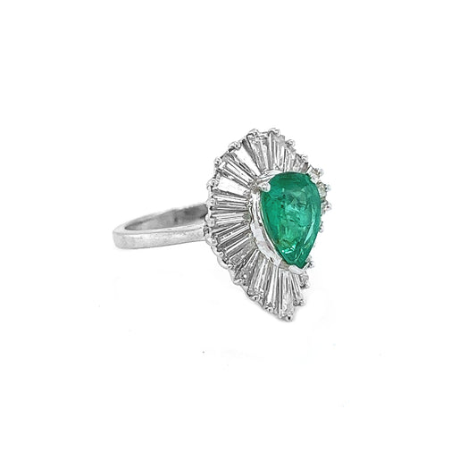 Natural Green Emerald and Diamond Cluster Art Deco Ballerina Ring White Gold
