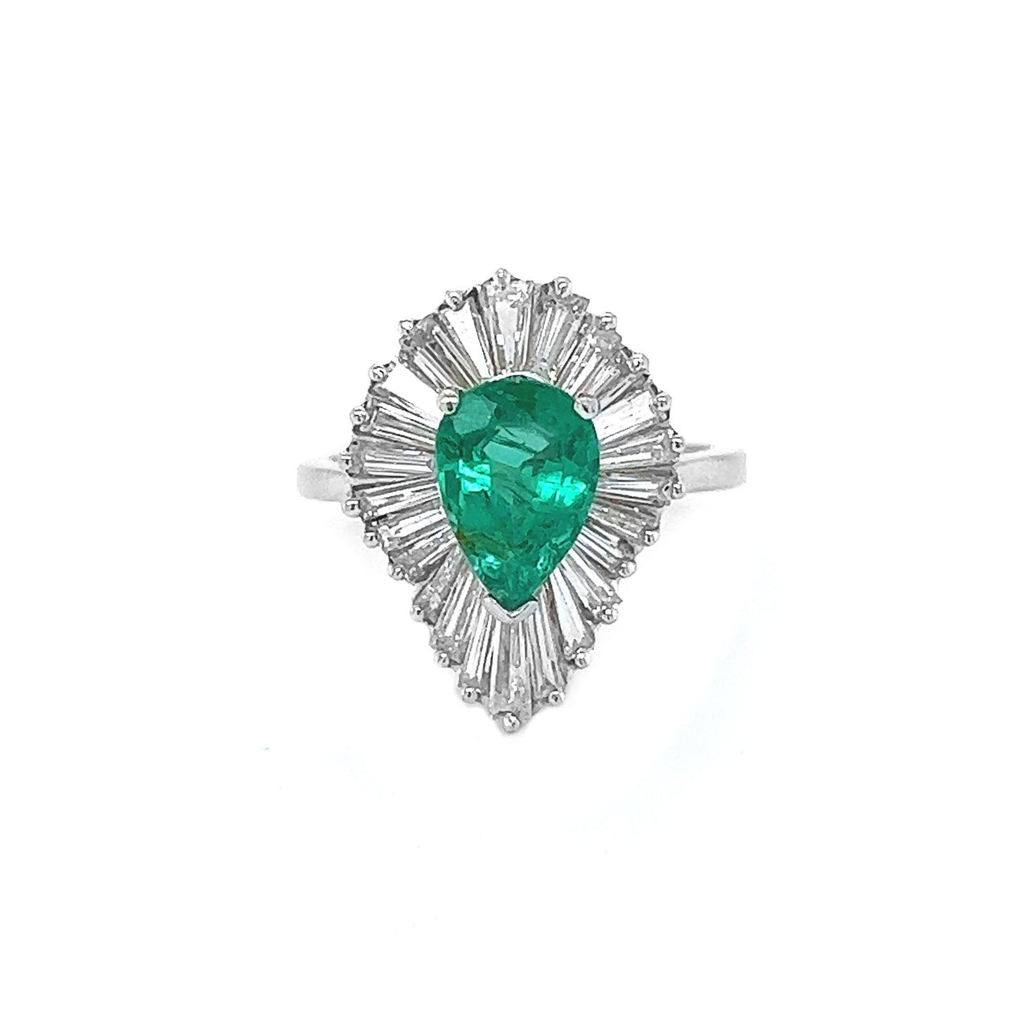Natural Green Emerald and Diamond Cluster Art Deco Ballerina Ring, in White Gold - Pre-owned